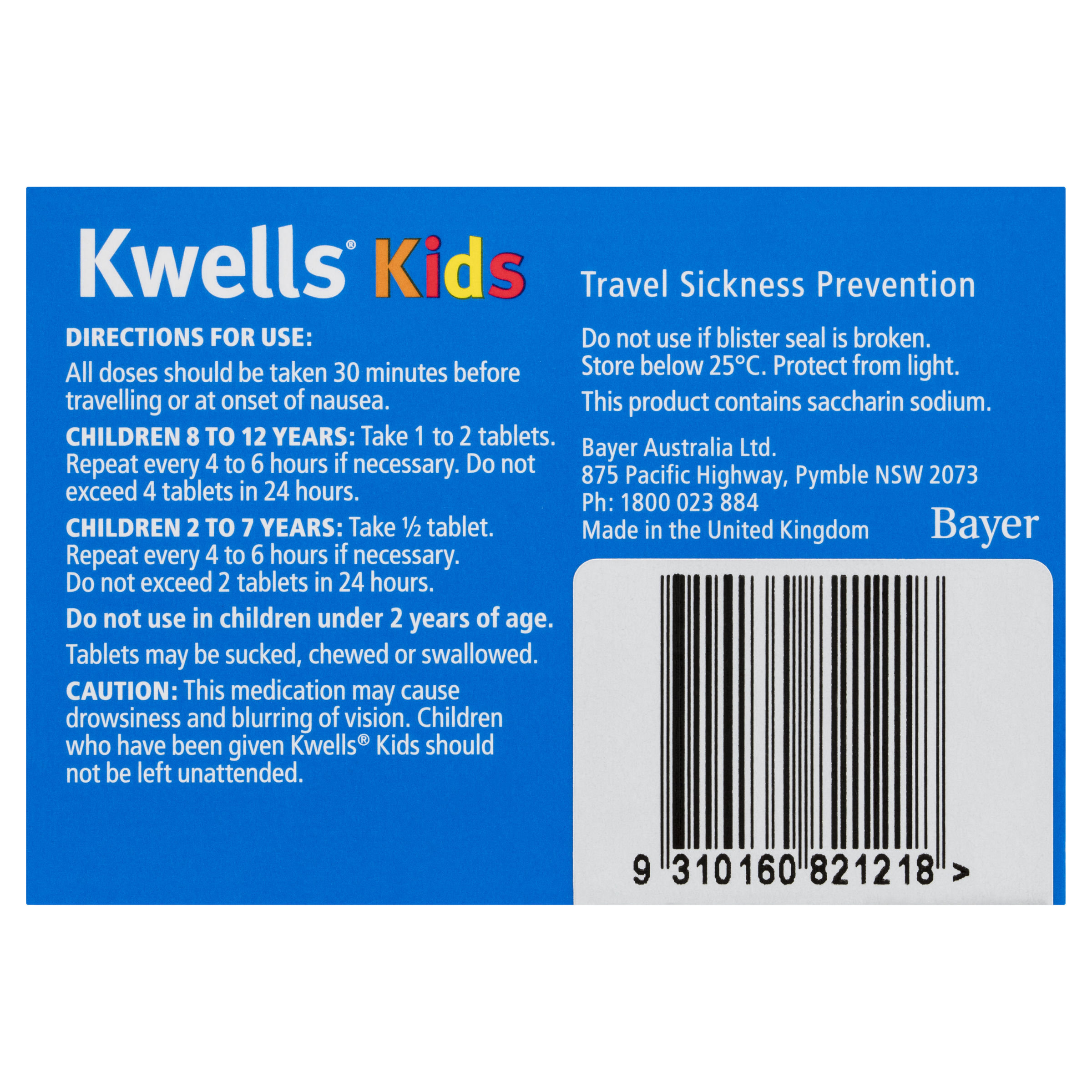 travel sickness tablets for 2 year old